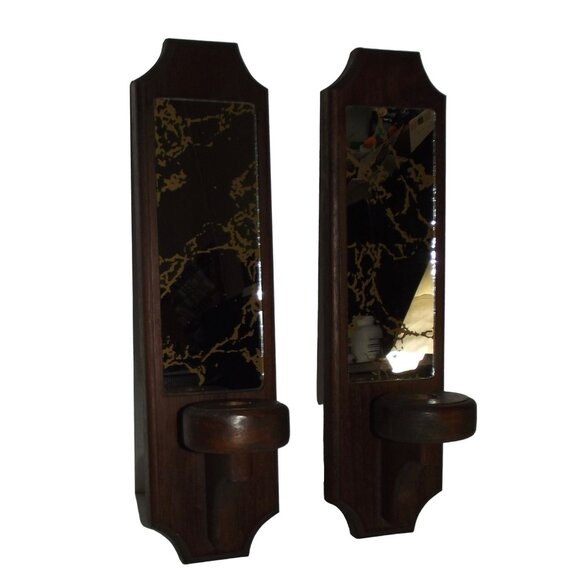 Wood Sconce (lot of 2) mirror crackled gold MCM candle votive holder 15" vintage - Picture 5 of 12